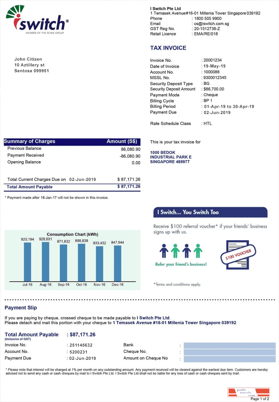 Singapore Iswitch energy utility bill template, fully editable in PSD format
